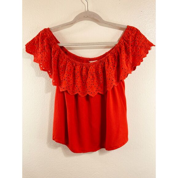 Sim & Sam Women's Red Eyelet Lace Off The Shoulder Crop Top Size M - Picture 1 of 3